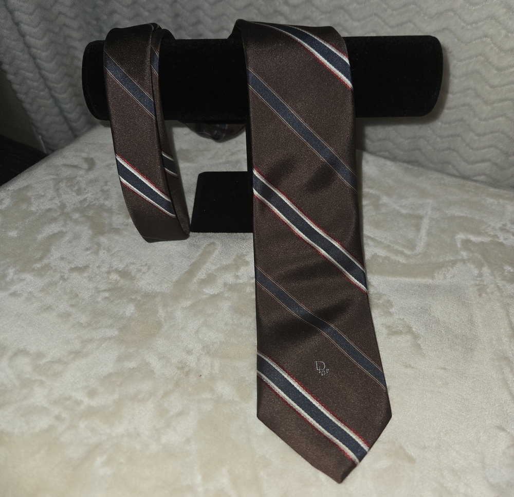 Dior Brown Striped Silk Tie with Navy & Cream Accents
